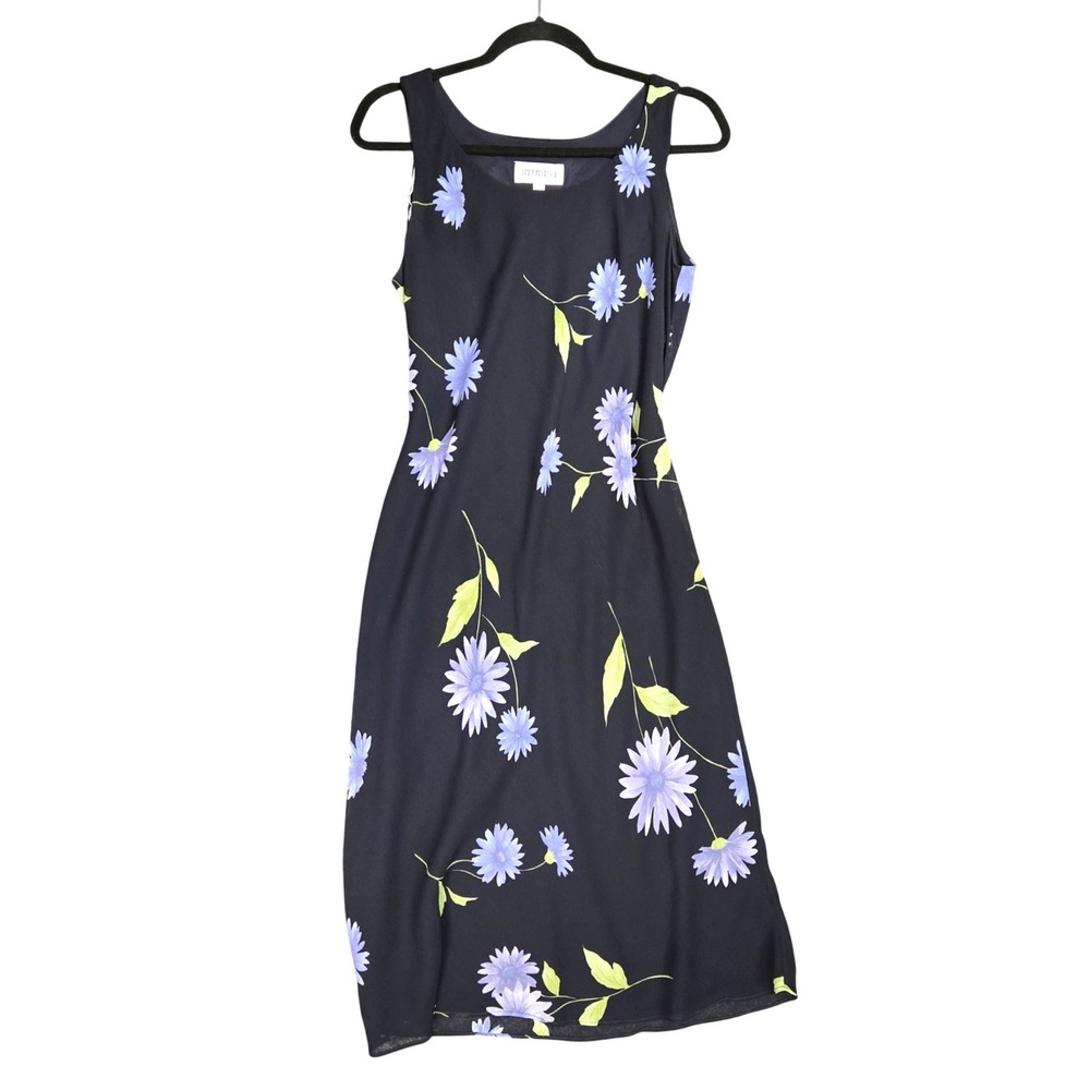 Vintage‎ Floral Midi Dress Womens 10 Navy Blue Sleeveless Scoop Neck 90s Style